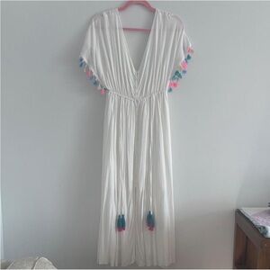 White Maxi Dress with Multicolor Tassel Trim
